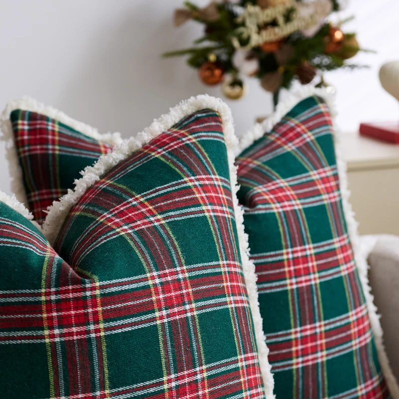 Plaid Sherpa-Trim Square Decorative Throw Pillow Cover