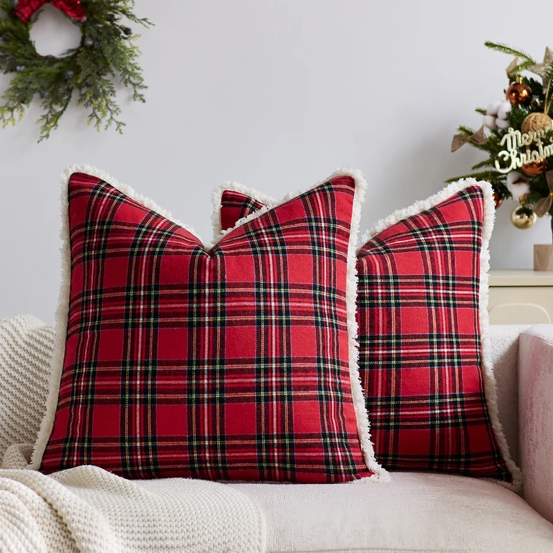 Plaid Sherpa-Trim Square Decorative Throw Pillow Cover