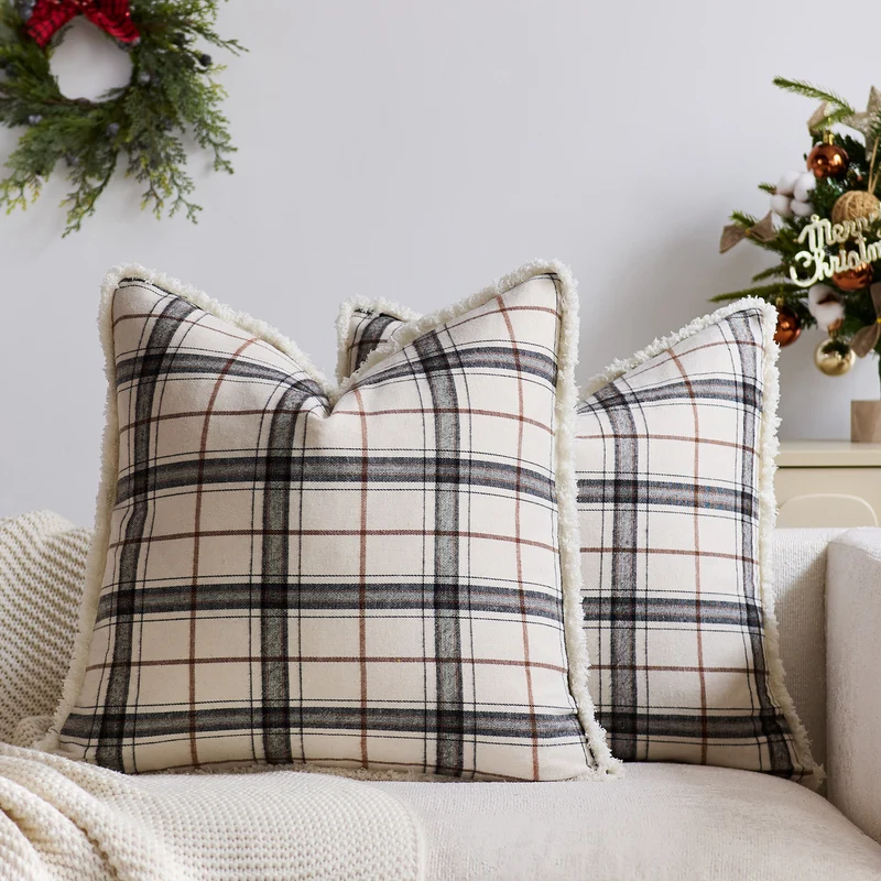 Plaid Sherpa-Trim Square Decorative Throw Pillow Cover