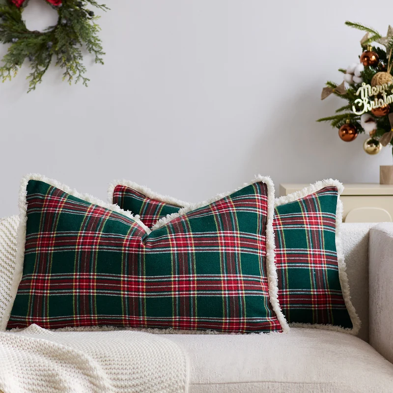 Plaid Sherpa-Trim Square Decorative Throw Pillow Cover