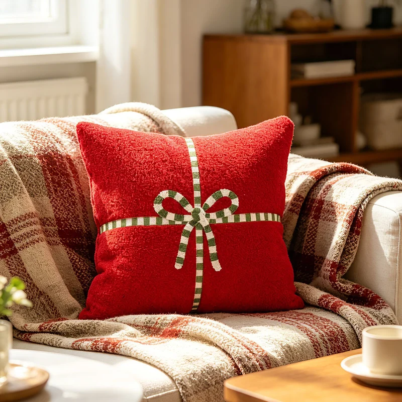 Holiday Textured Plush Throw Pillow with Embroidered Ribbon Bow