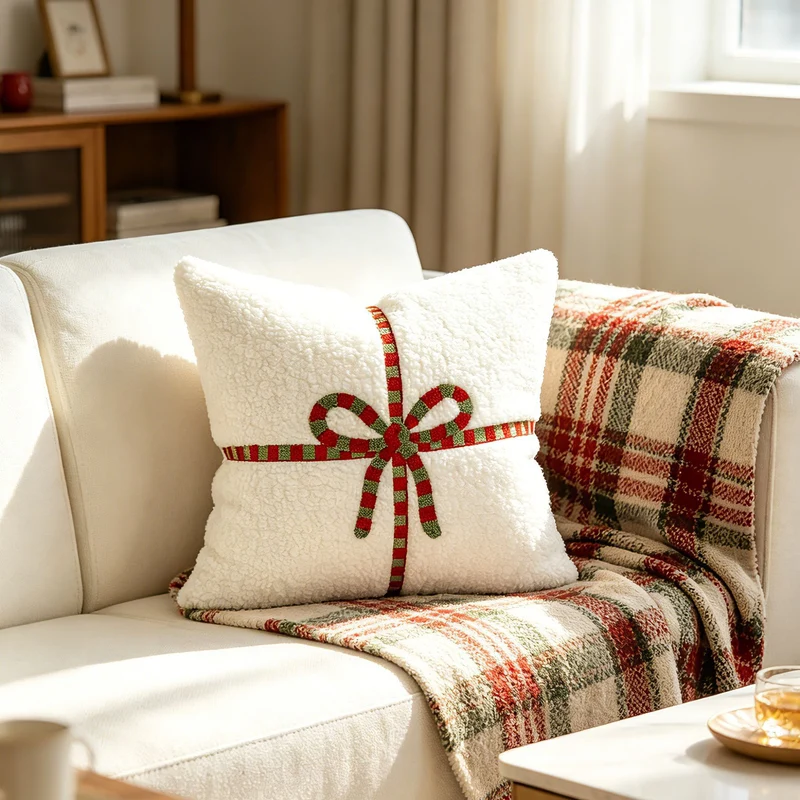 Holiday Textured Plush Throw Pillow with Embroidered Ribbon Bow
