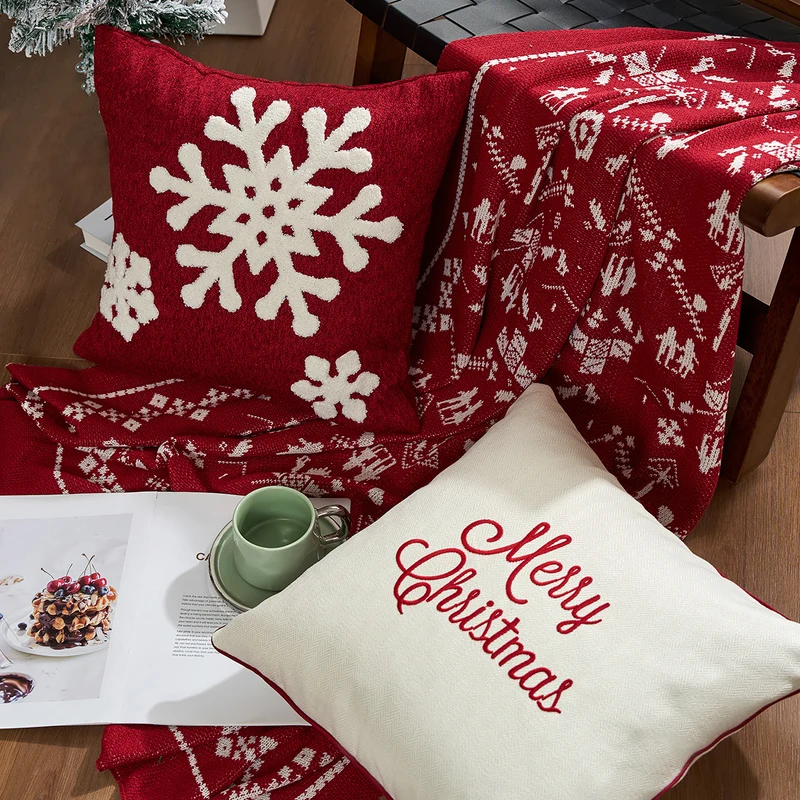 Holiday Plaid Snowflake Appliqué Throw Pillow