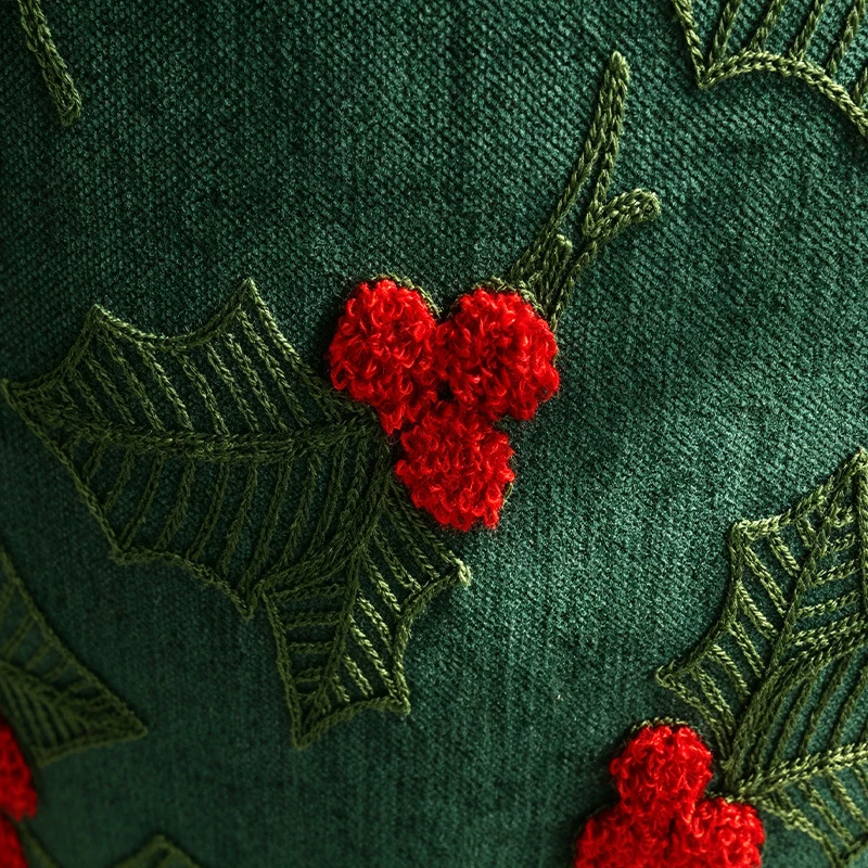 Holiday Holly Embroidered Velveteen Throw Pillow with Pom Berry Accents