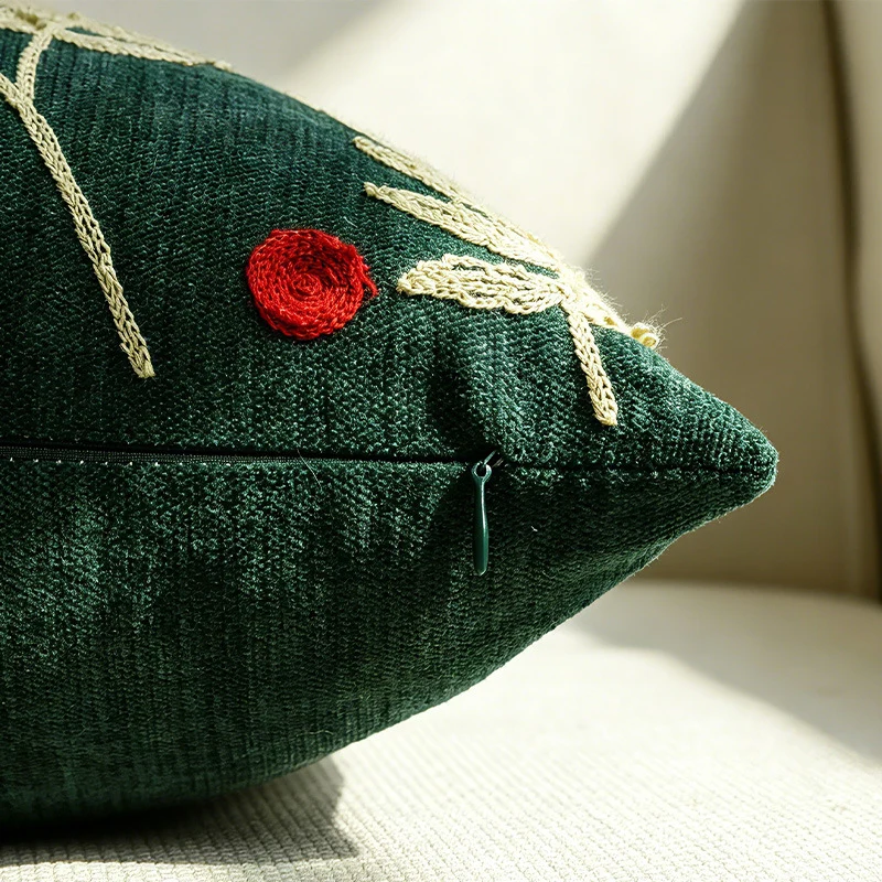 Holiday Holly Embroidered Velveteen Throw Pillow with Pom Berry Accents