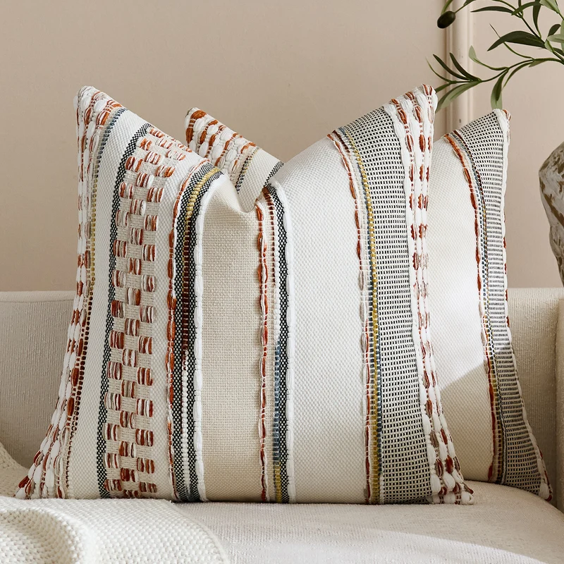 Handwoven Textured Square Throw Pillow Cover with Tufted Loop Stripes