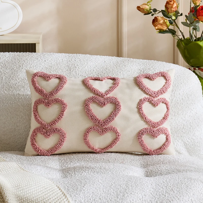 Handcrafted Tufted Heart-Pattern Lumbar Throw Pillow Cover