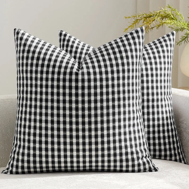 Gingham Cotton-Linen Square Throw Pillow Covers with Hidden Zipper Pair