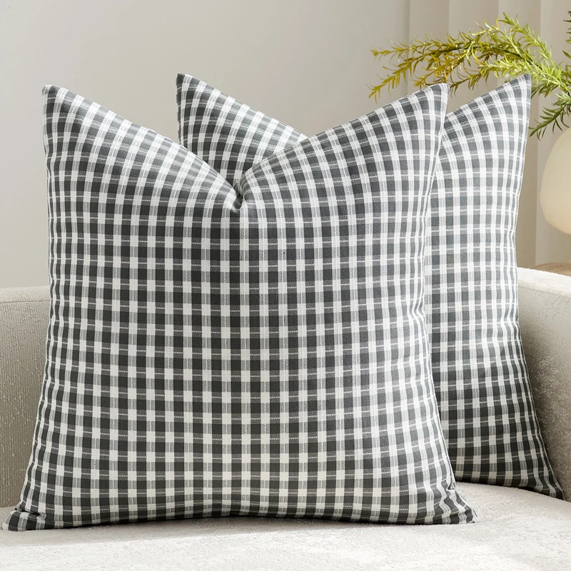 Gingham Cotton-Linen Square Throw Pillow Covers with Hidden Zipper Pair