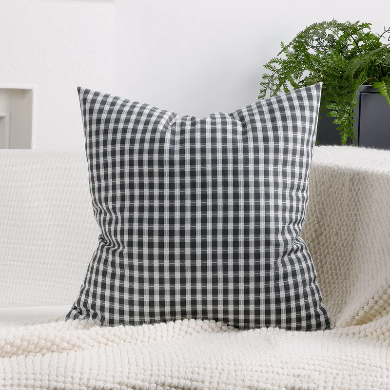 Gingham Check Cotton-Linen Square Throw Pillow Cover with Hidden Zipper