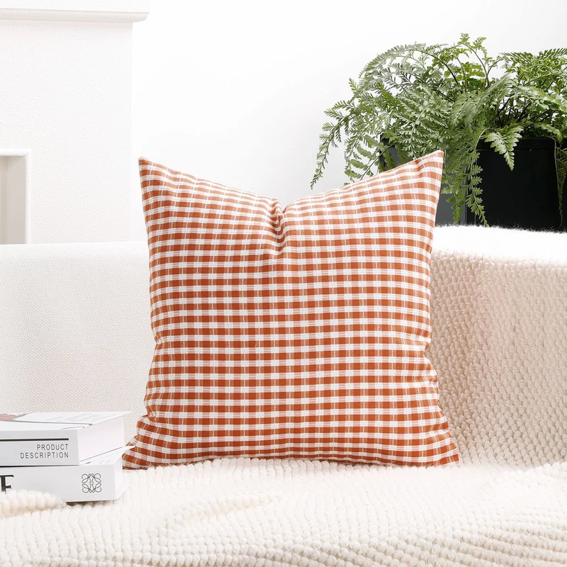 Gingham Check Cotton-Linen Square Throw Pillow Cover with Hidden Zipper