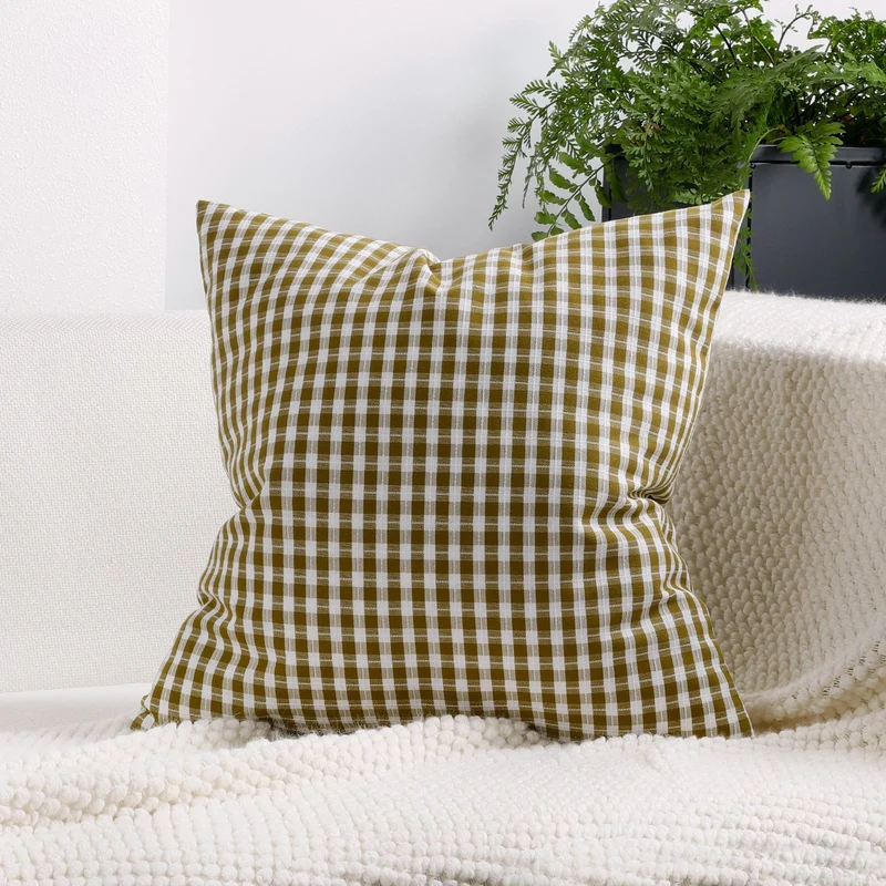 Gingham Check Cotton-Linen Square Throw Pillow Cover with Hidden Zipper
