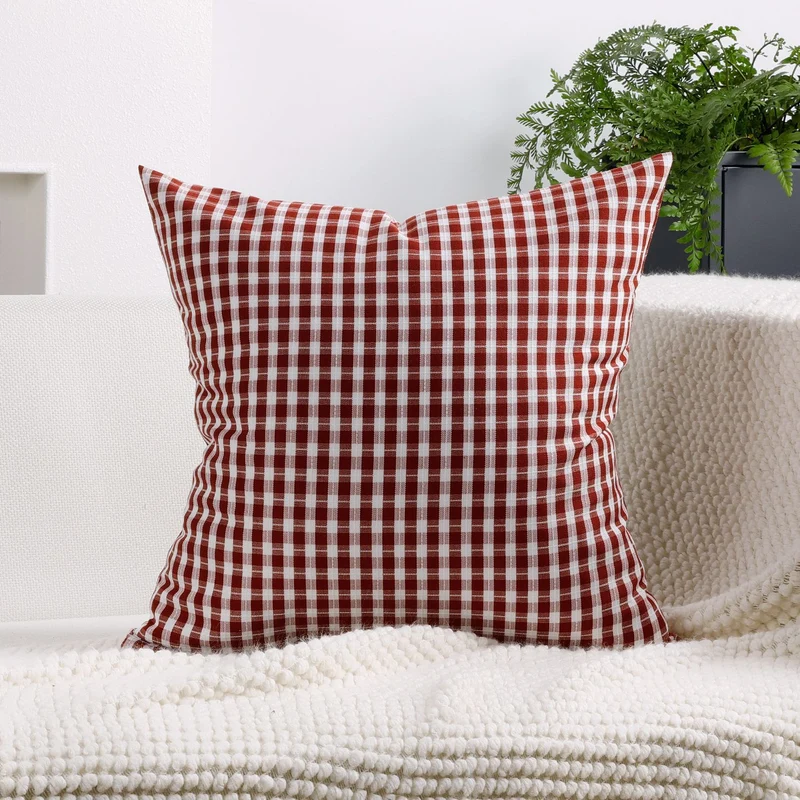 Gingham Check Cotton-Linen Square Throw Pillow Cover with Hidden Zipper