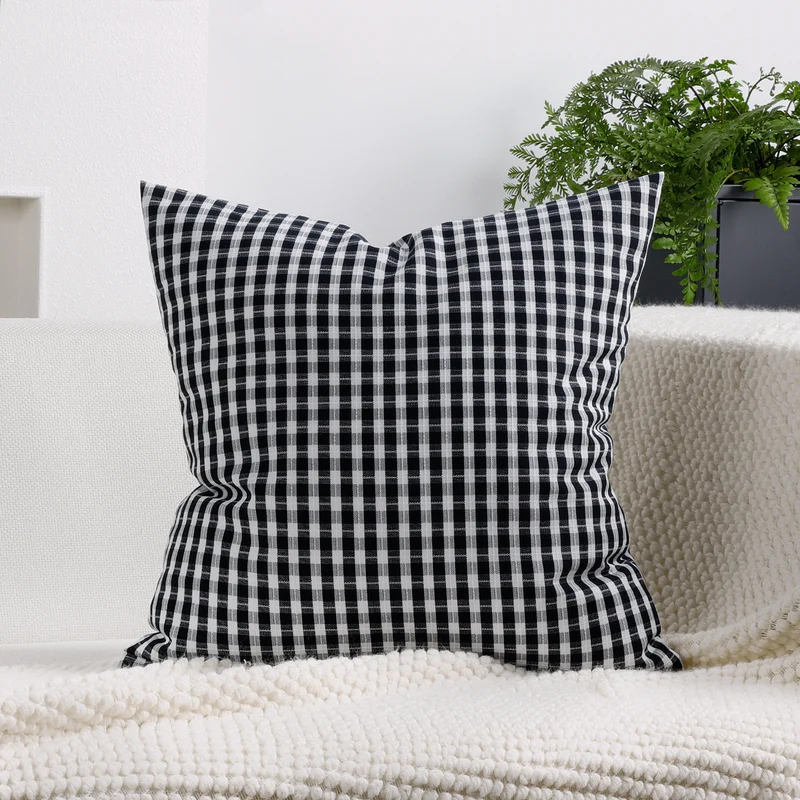Gingham Check Cotton-Linen Square Throw Pillow Cover with Hidden Zipper