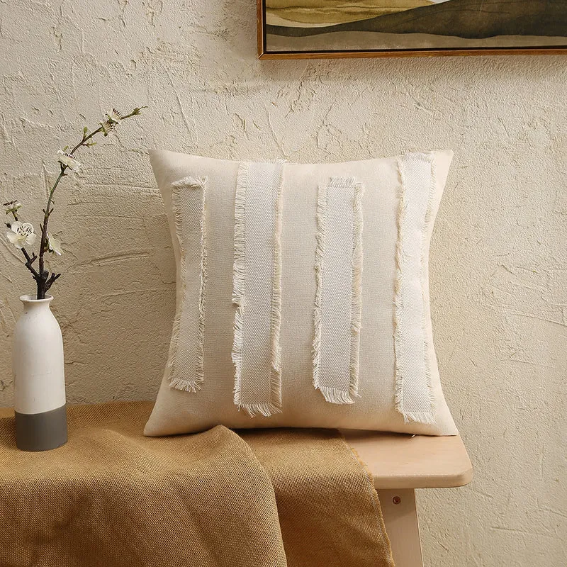Fringed Patchwork Linen-Blend Square Decorative Throw Pillow Cover