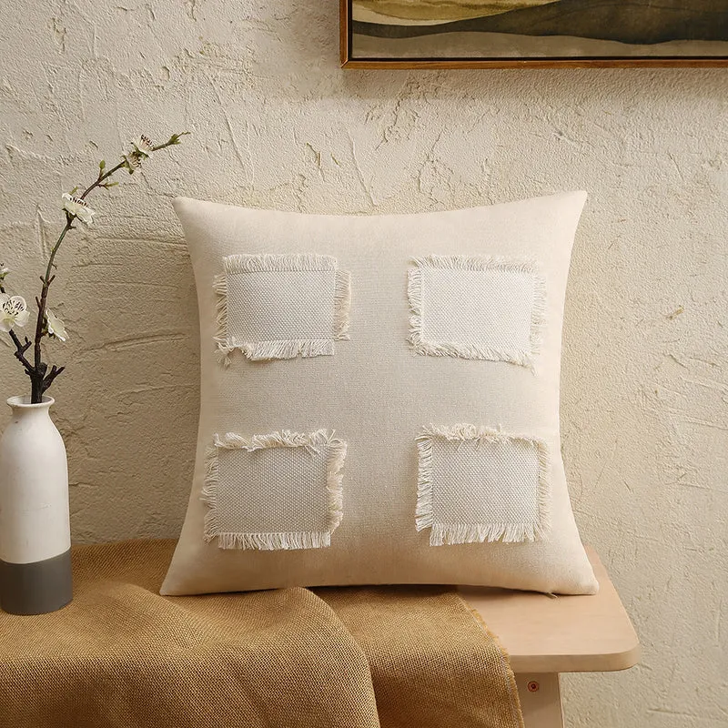 Fringed Patchwork Linen-Blend Square Decorative Throw Pillow Cover