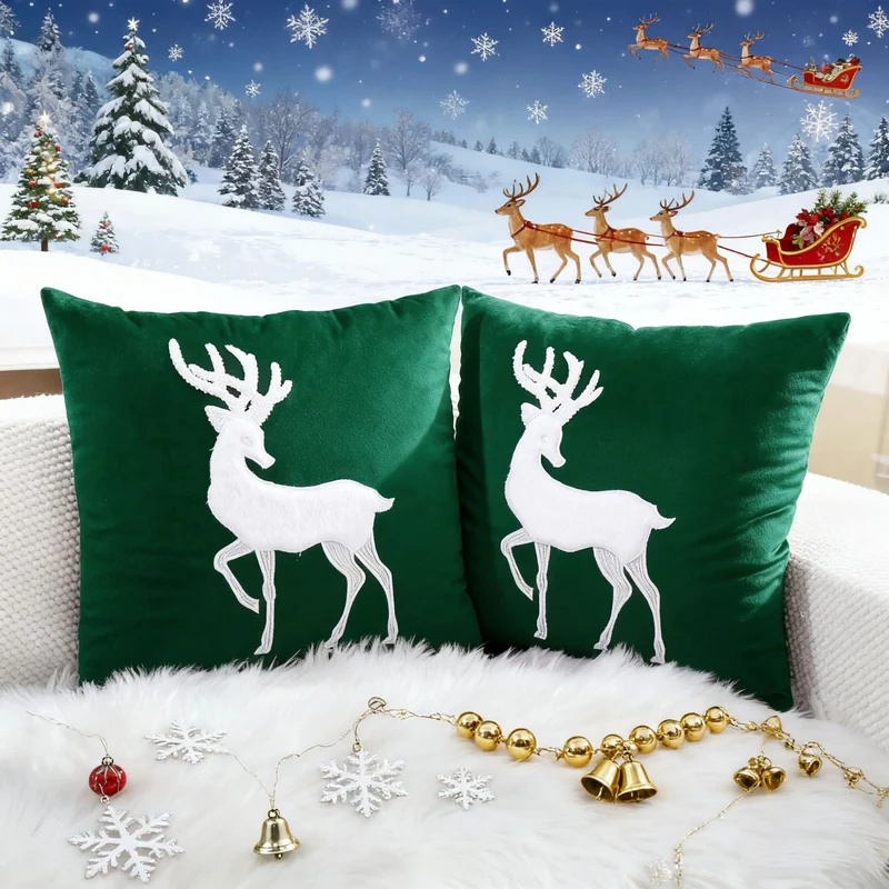 Festive Velvet Reindeer Appliqué Square Throw Pillow Cover with Hidden Zipper