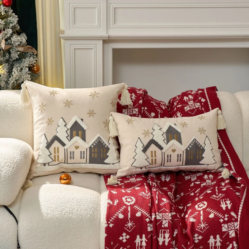 Festive Embroidered Snowy Village Tassel Throw Pillow Set