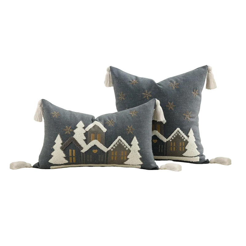 Festive Embroidered Snowy Village Tassel Throw Pillow Set