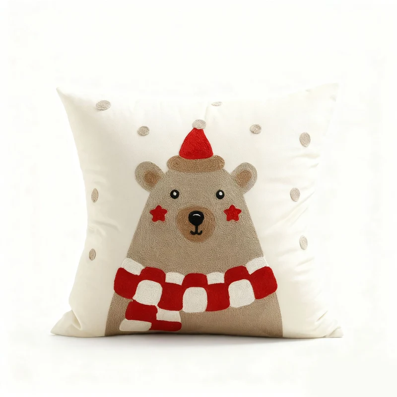 Festive Embroidered Bear Square Throw Pillow Cover