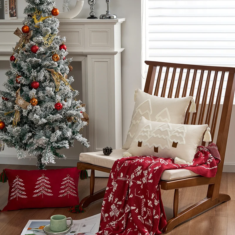 Embroidered Winter Tree Tassel Lumbar Throw Pillow