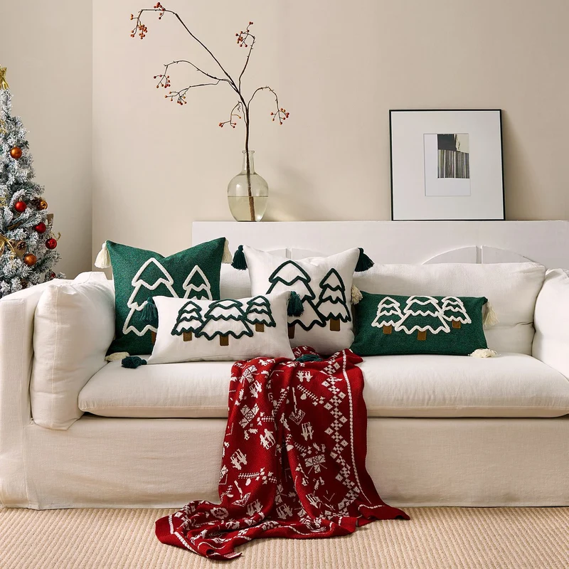Embroidered Winter Tree Tassel Lumbar Throw Pillow