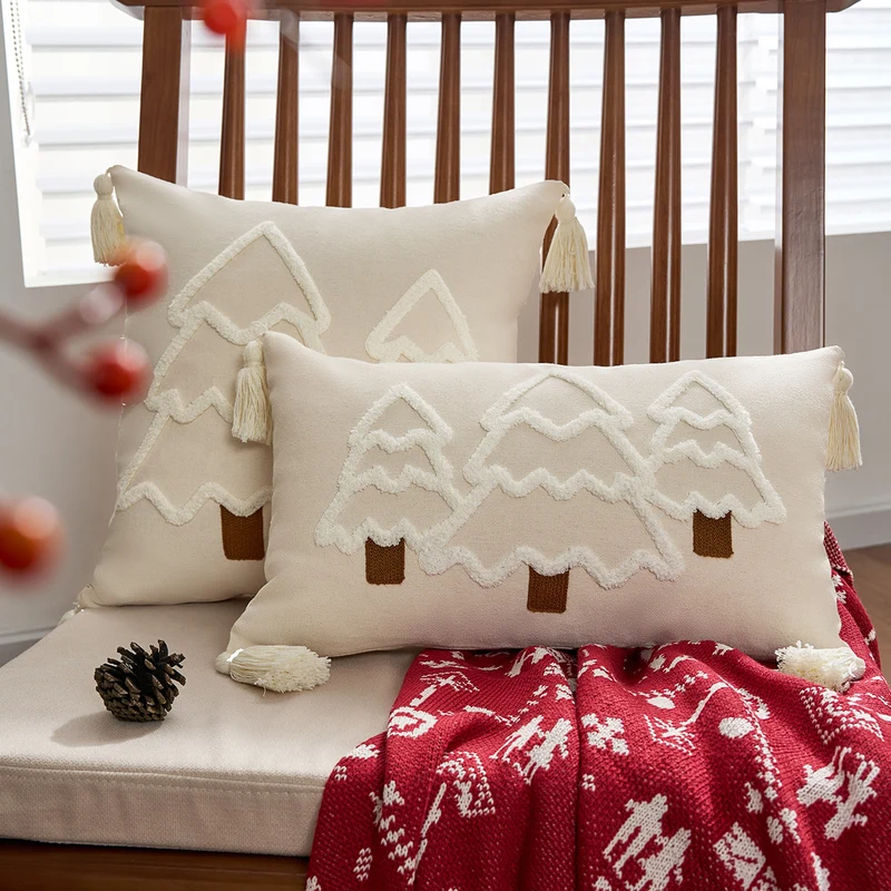 Embroidered Winter Tree Tassel Lumbar Throw Pillow