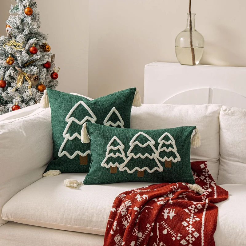 Embroidered Winter Tree Tassel Lumbar Throw Pillow
