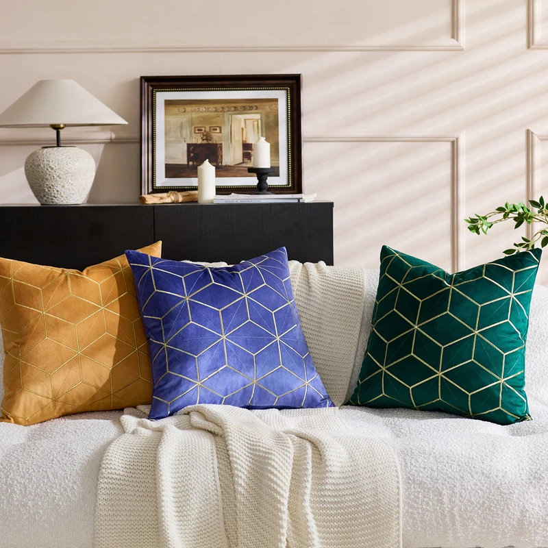 Embroidered Velvet Geometric Square Throw Pillow Cover with Metallic Stitching