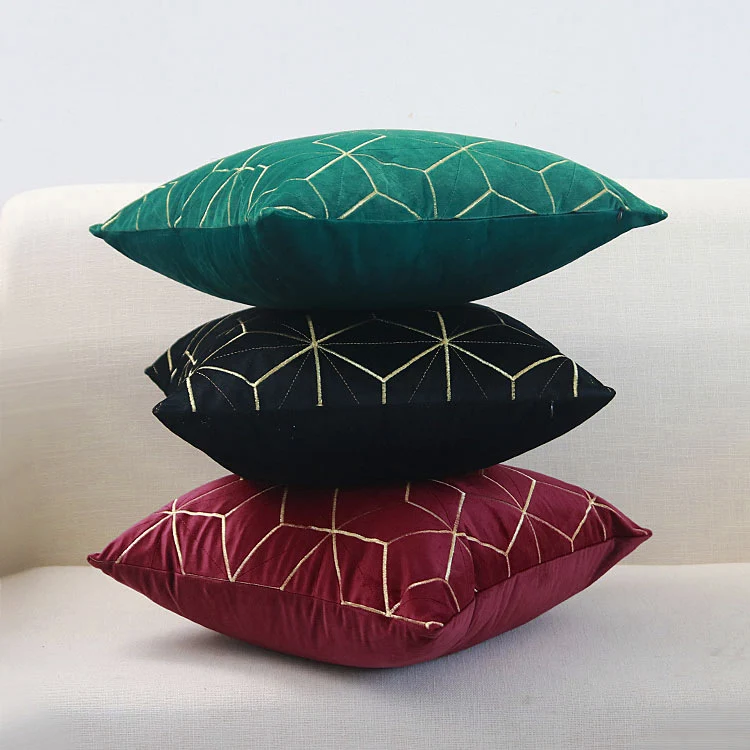 Embroidered Velvet Geometric Square Throw Pillow Cover with Metallic Stitching