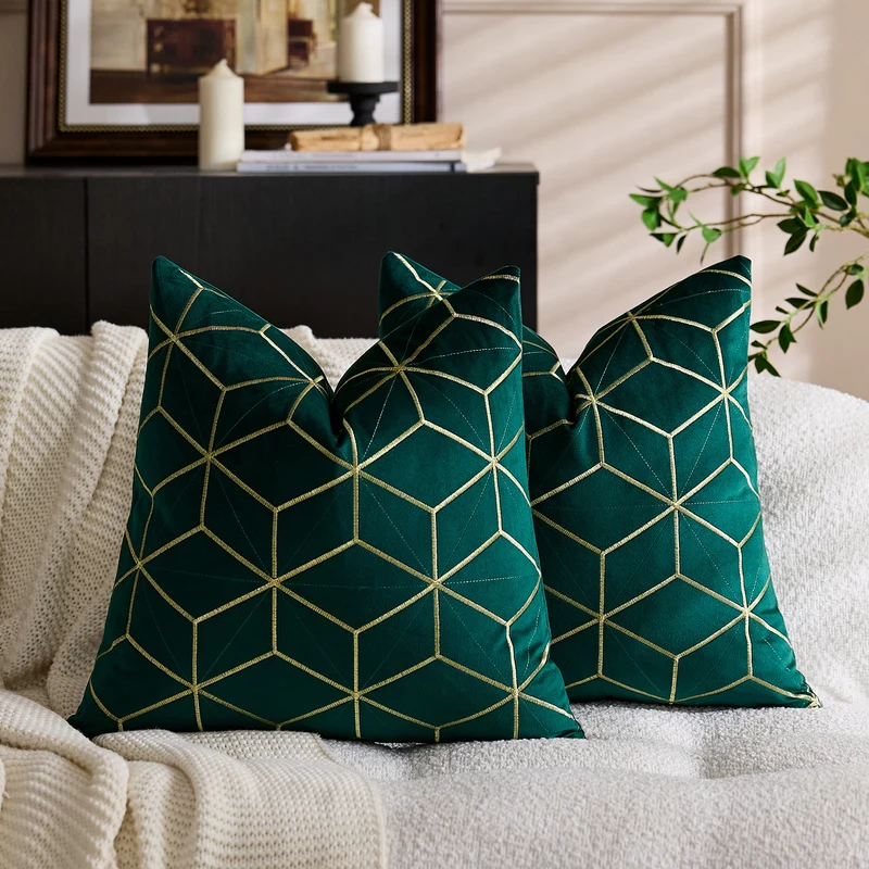 Embroidered Velvet Geometric Square Throw Pillow Cover with Metallic Stitching