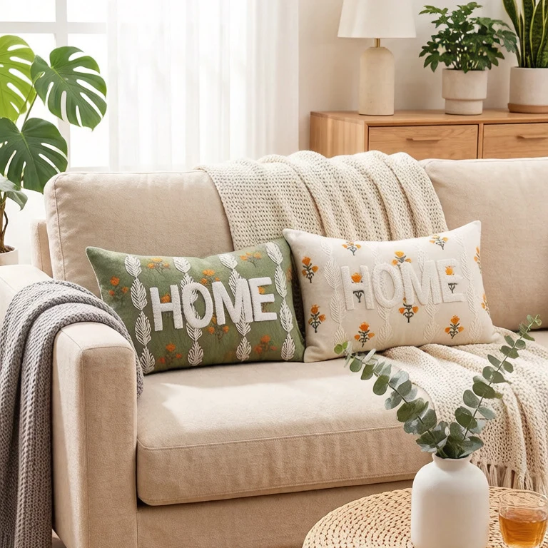 Embroidered Textured Lumbar Throw Pillow with HOME Lettering and Leaf Motif