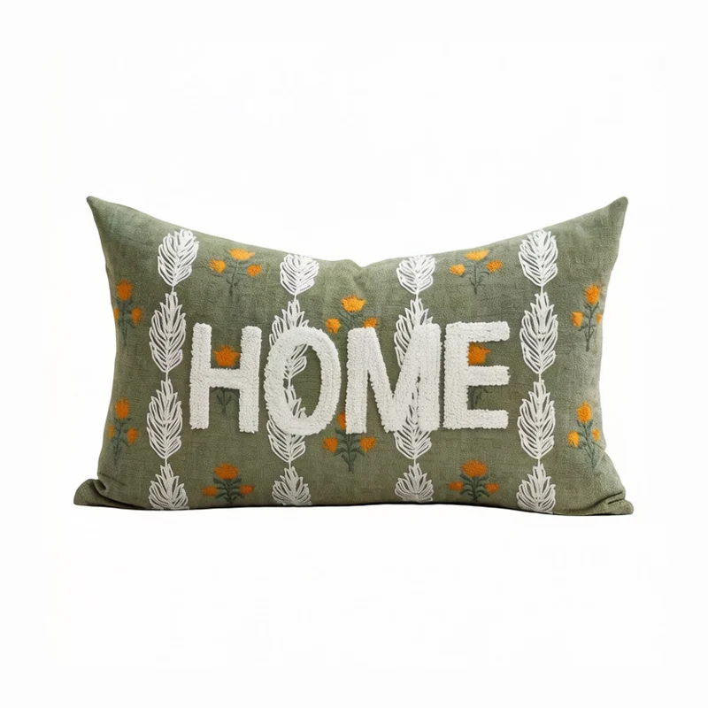 Embroidered Textured Lumbar Throw Pillow with HOME Lettering and Leaf Motif