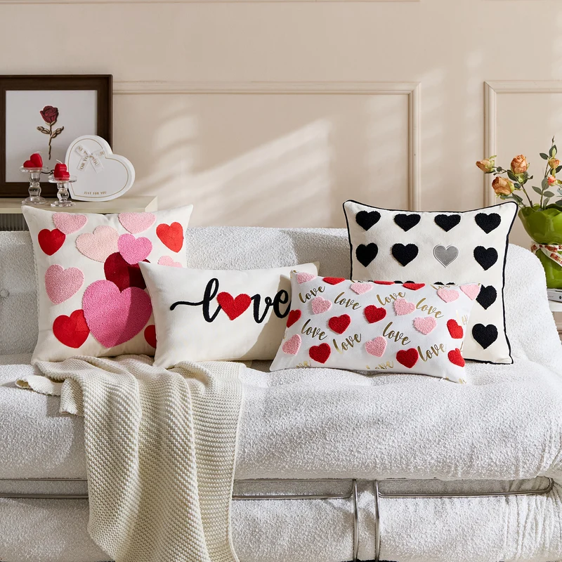Embroidered Script Love Lumbar Pillow Cover with Tufted Heart