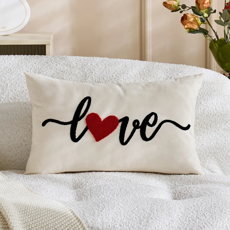 Embroidered Script Love Lumbar Pillow Cover with Tufted Heart