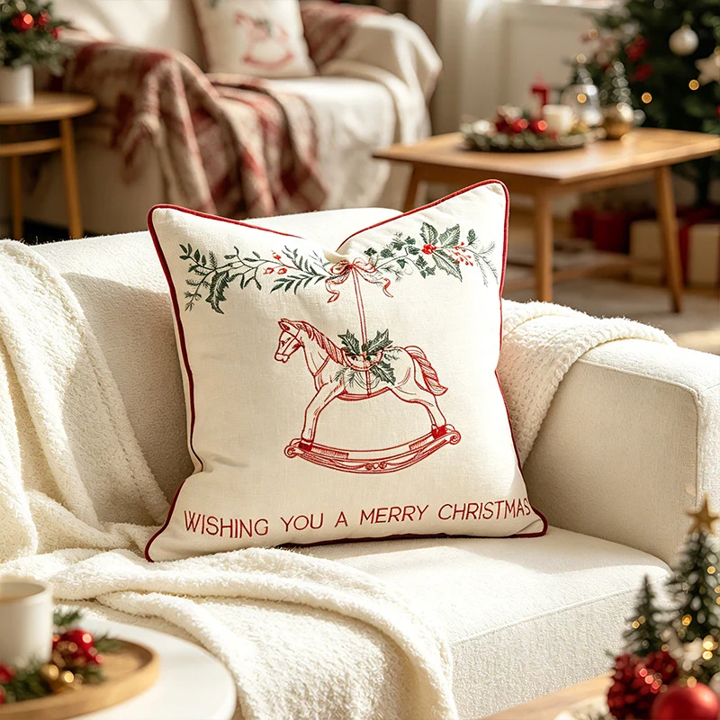 Embroidered Rocking Horse Square Linen Throw Pillow Cover with Festive Garland