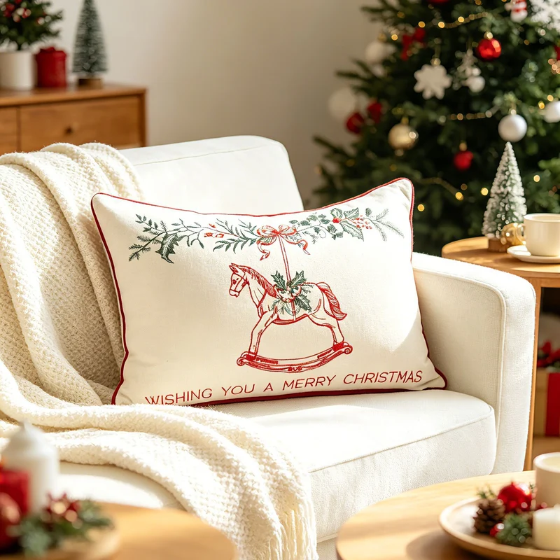 Embroidered Rocking Horse Square Linen Throw Pillow Cover with Festive Garland