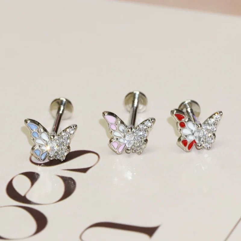 Lip studs stainless steel with rhinestones, various sizes