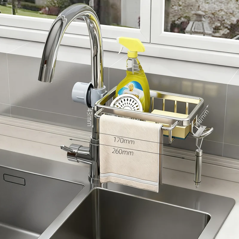 Aluminum storage basket for faucet and sink