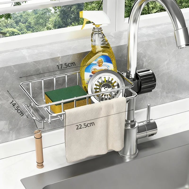 Aluminum storage basket for faucet and sink