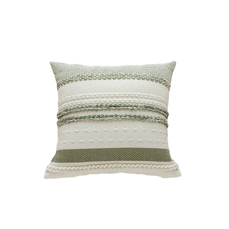 Woven Cotton Textured Lumbar Throw Pillow Cover with Braided Stripe Embellishments