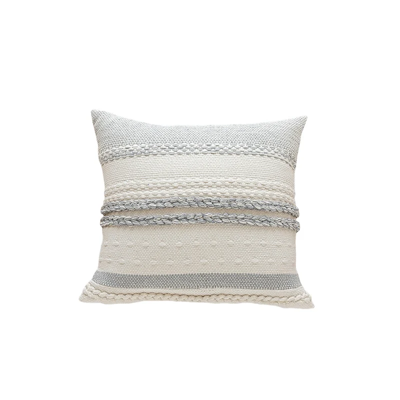 Woven Cotton Textured Lumbar Throw Pillow Cover with Braided Stripe Embellishments