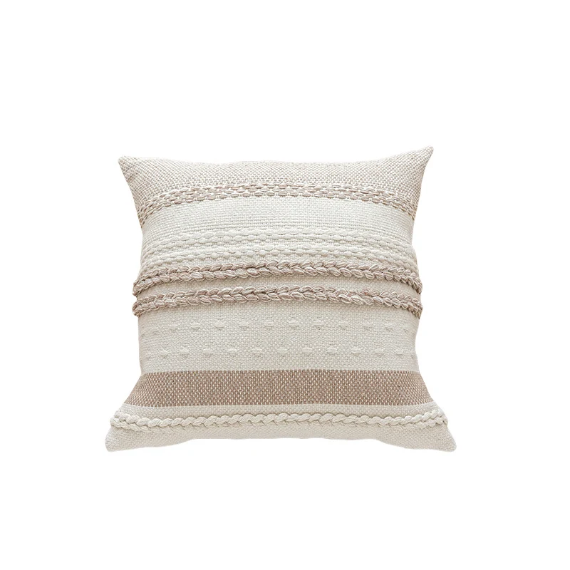 Woven Cotton Textured Lumbar Throw Pillow Cover with Braided Stripe Embellishments