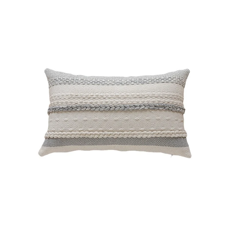 Woven Cotton Textured Lumbar Throw Pillow Cover with Braided Stripe Embellishments