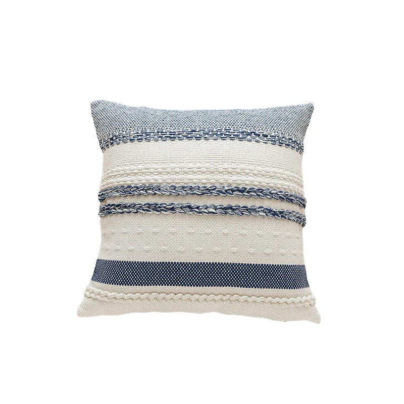 Woven Cotton Textured Lumbar Throw Pillow Cover with Braided Stripe Embellishments