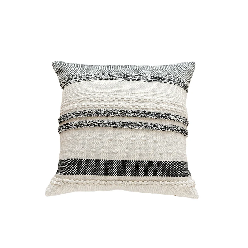 Woven Cotton Textured Lumbar Throw Pillow Cover with Braided Stripe Embellishments