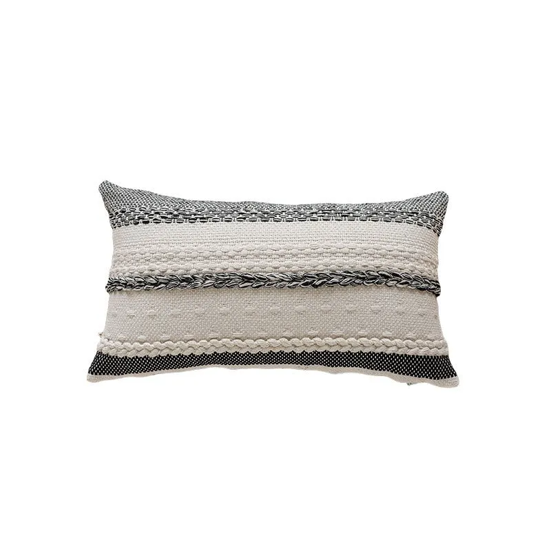 Woven Cotton Textured Lumbar Throw Pillow Cover with Braided Stripe Embellishments