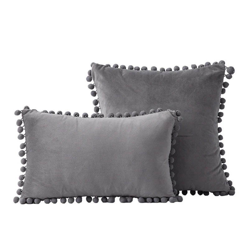 Velvet Pom-Pom Fringe Square and Lumbar Decorative Throw Pillow Set