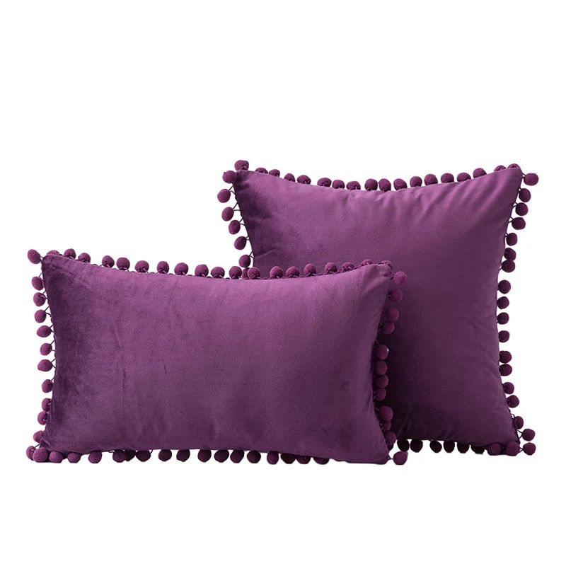 Velvet Pom-Pom Fringe Square and Lumbar Decorative Throw Pillow Set