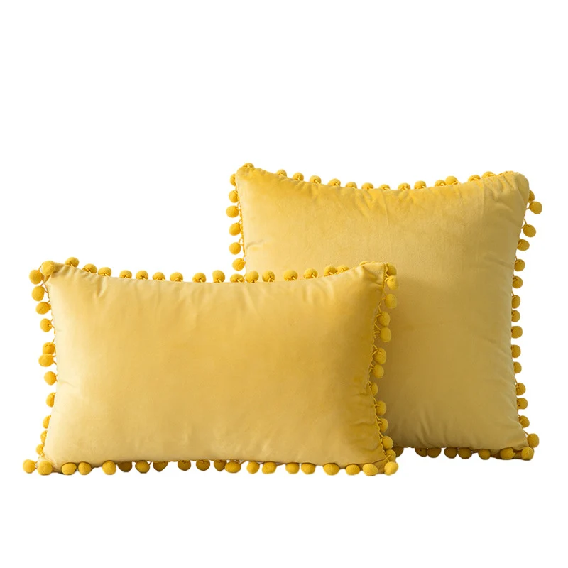 Velvet Pom-Pom Fringe Square and Lumbar Decorative Throw Pillow Set